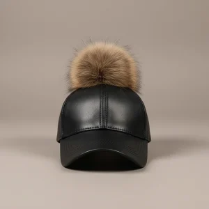 Casquette cuir baseball pompon fourrure - Vue 1 - casquette cuir