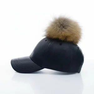 Casquette cuir baseball pompon fourrure - Vue 2 - casquette cuir